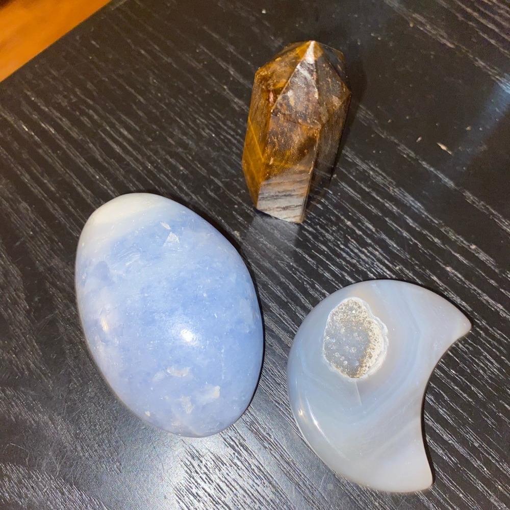 Blue Calcite Palm, tiger eye tower, agate moon